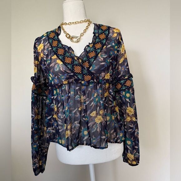 Meadow Rue Strasser Embroidered Peasant Blouse Small Blue Anthropologie XXS - Picture 2 of 13